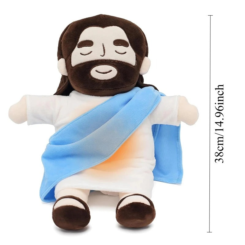Détails du visage bienveillant de la peluche Jésus Enfant