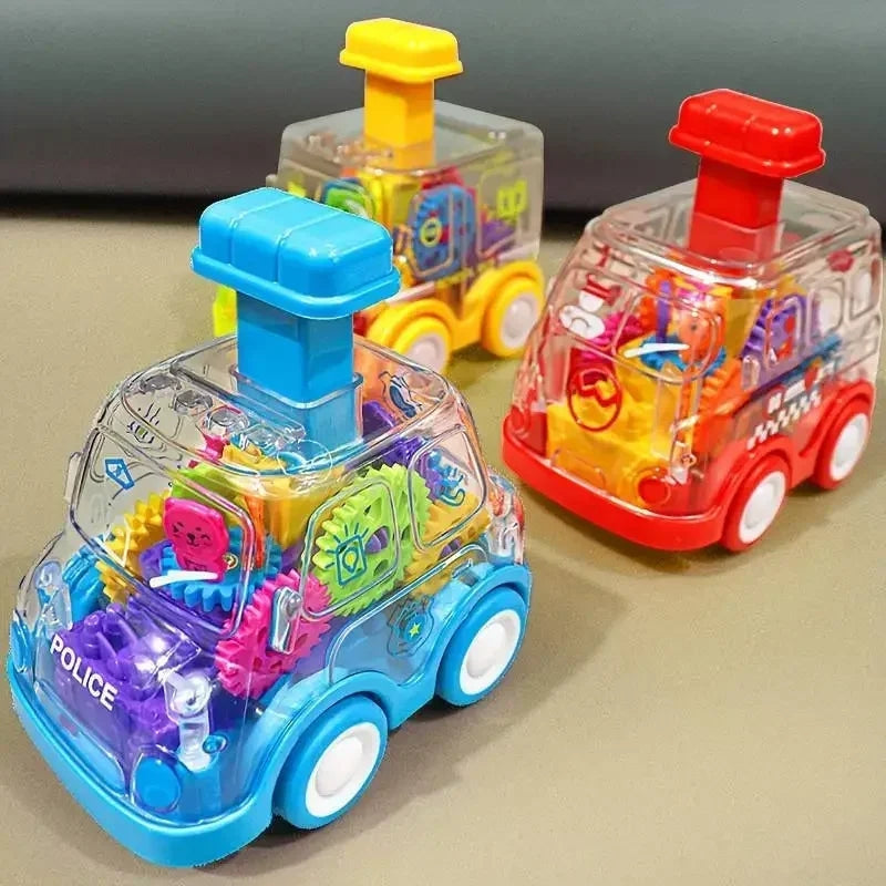 Voiture jouet avec engrenages visibles et toit ouvert