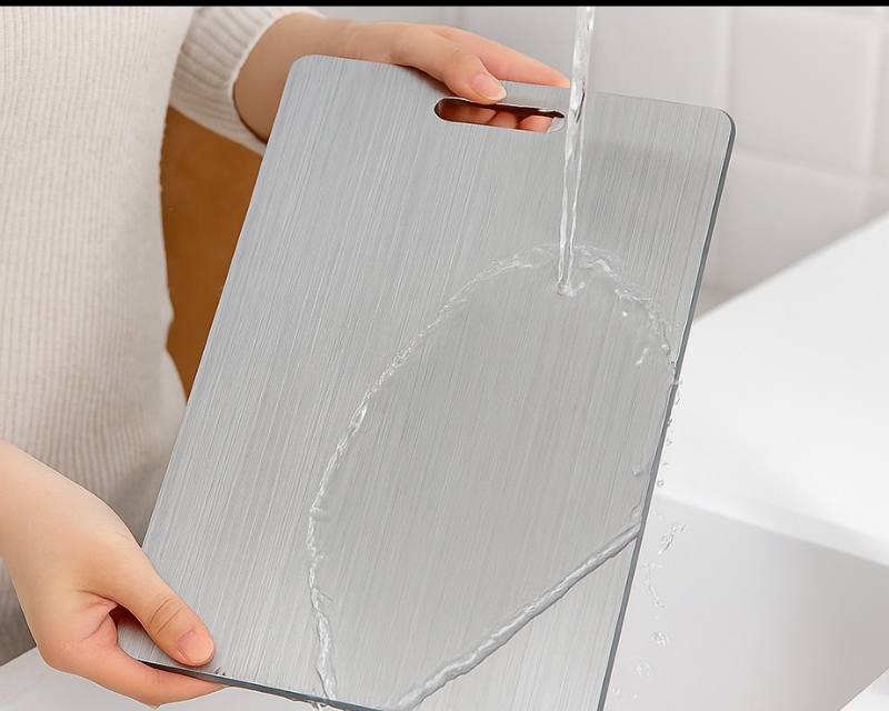 Planche à découper en inox avec coins antidérapants en silicone