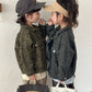 Veste en denim enfant, imprimé léopard gris, col et poches visibles