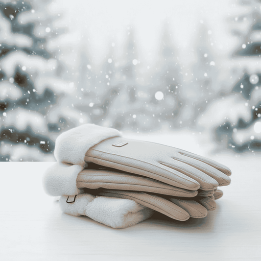 Gants en peluche, vue d'ensemble sur fond neutre