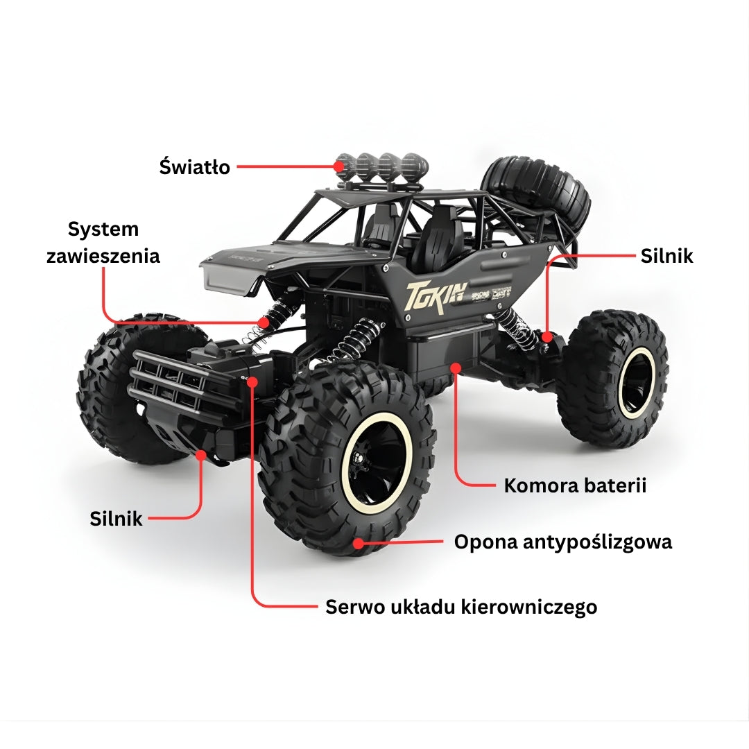 Vue latérale d'un monstre truck télécommandé sur terrain rocailleux