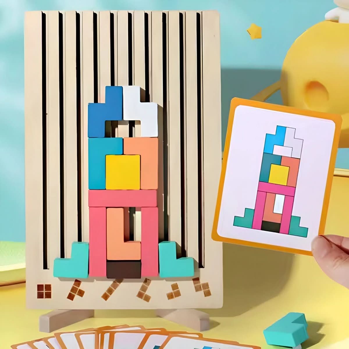 Jeu d'empilage Montessori avec blocs colorés et formes diverses