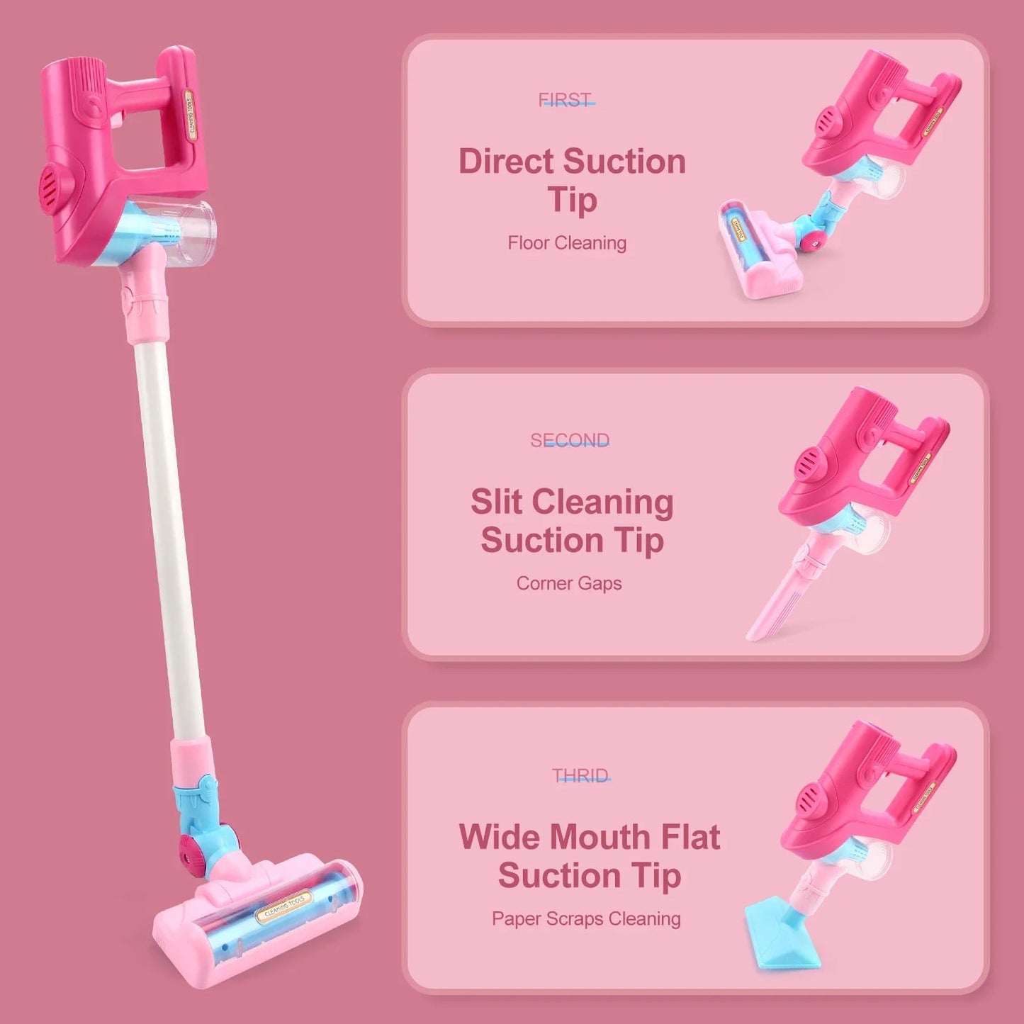 Gros plan sur les boutons lumineux de l'aspirateur jouet