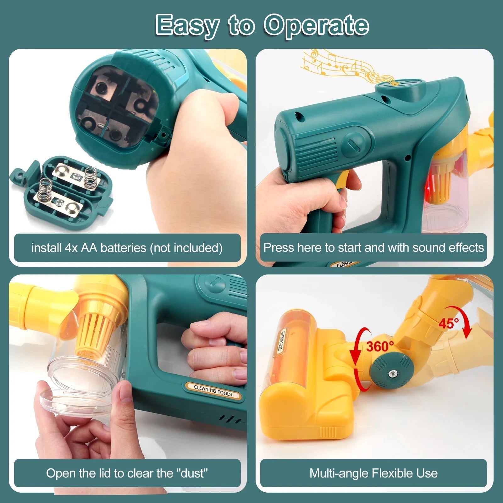 Aspirateur jouet posé sur un tapis coloré