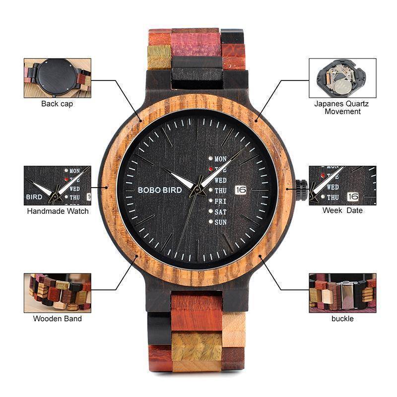 Vue latérale d'une montre en bois avec cadran classique
