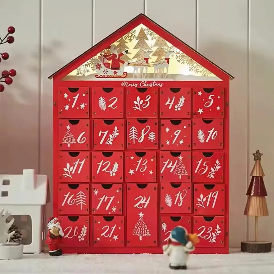Calendrier de l'Avent en bois illuminé sur fond sombre