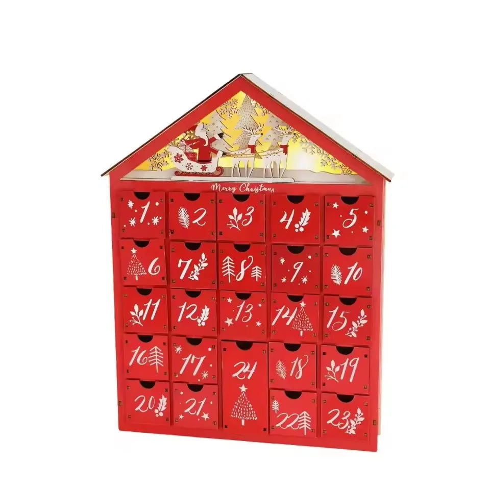 Tiroirs ouverts du calendrier de l'Avent en bois