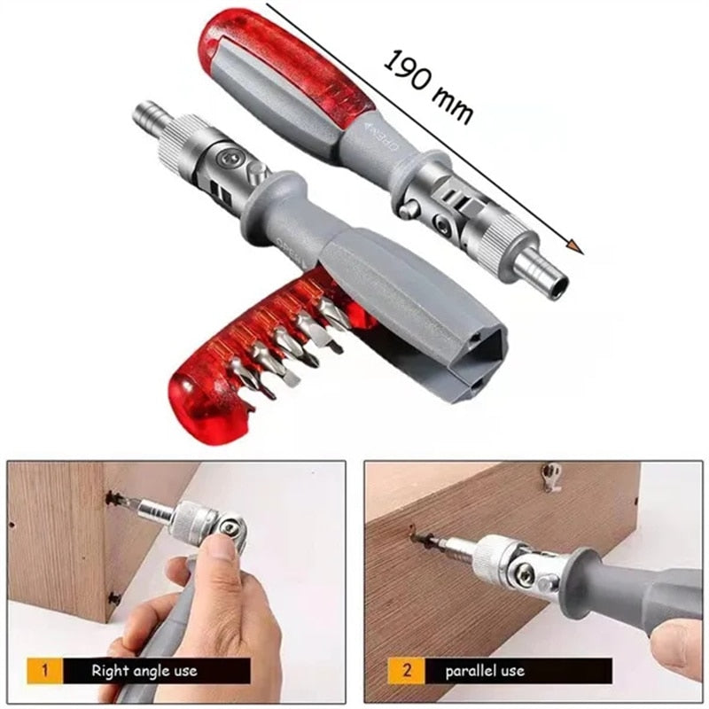 Tournevis pliable avec têtes interchangeables sur fond blanc
