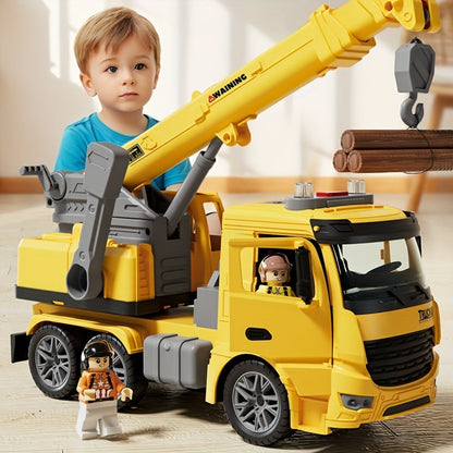 Camion grue jouet montrant les lumières clignotantes et le bras