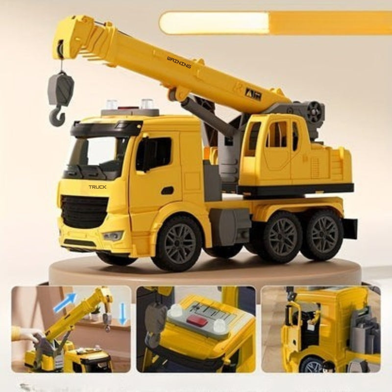 Vue latérale du camion grue jouet en plastique robuste