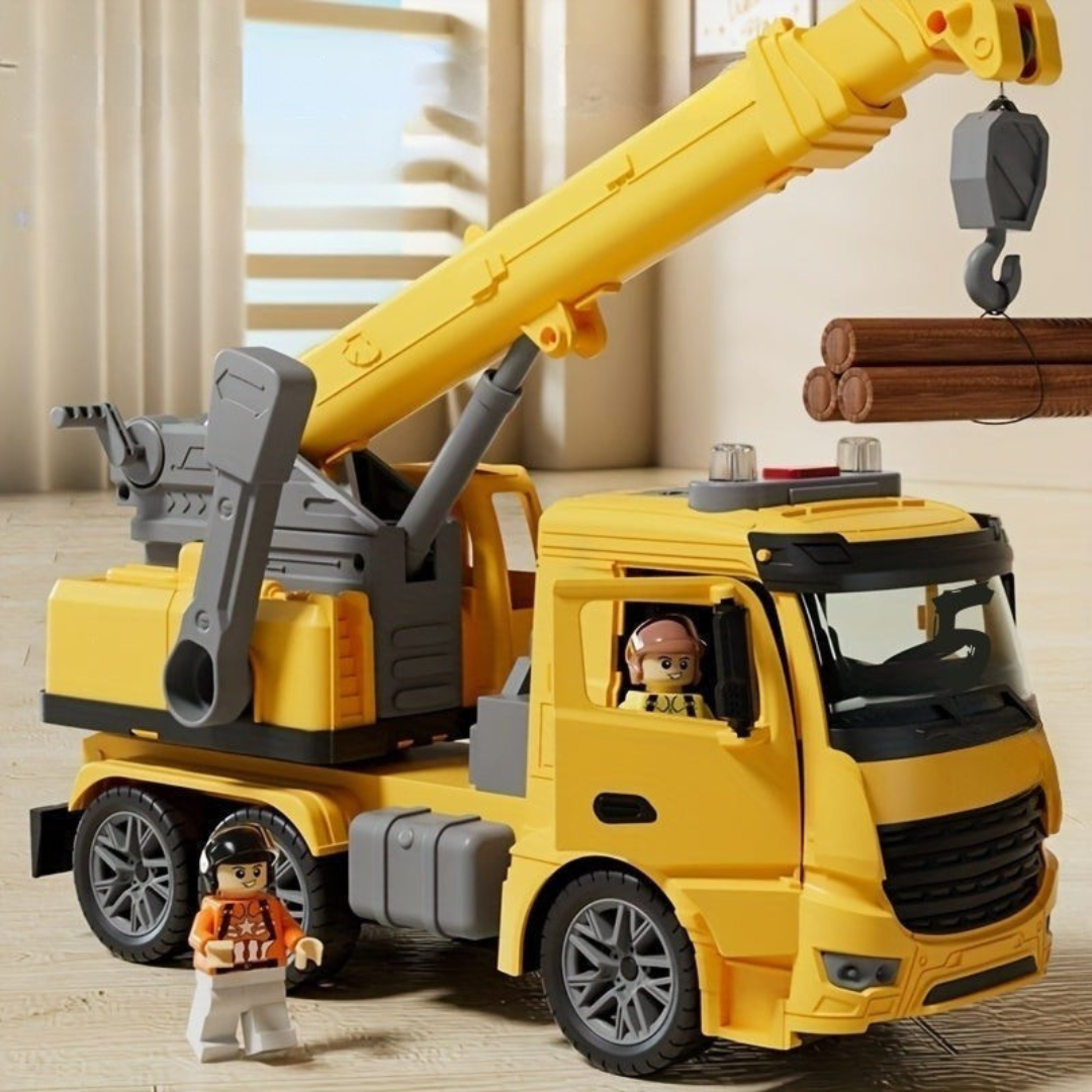 Camion grue jouet avec bras mobile et lumières allumées
