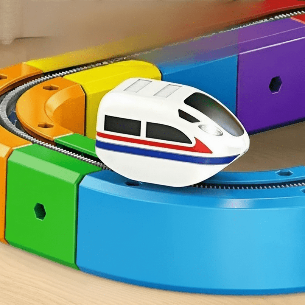 Pièces de rail et locomotive sur fond blanc