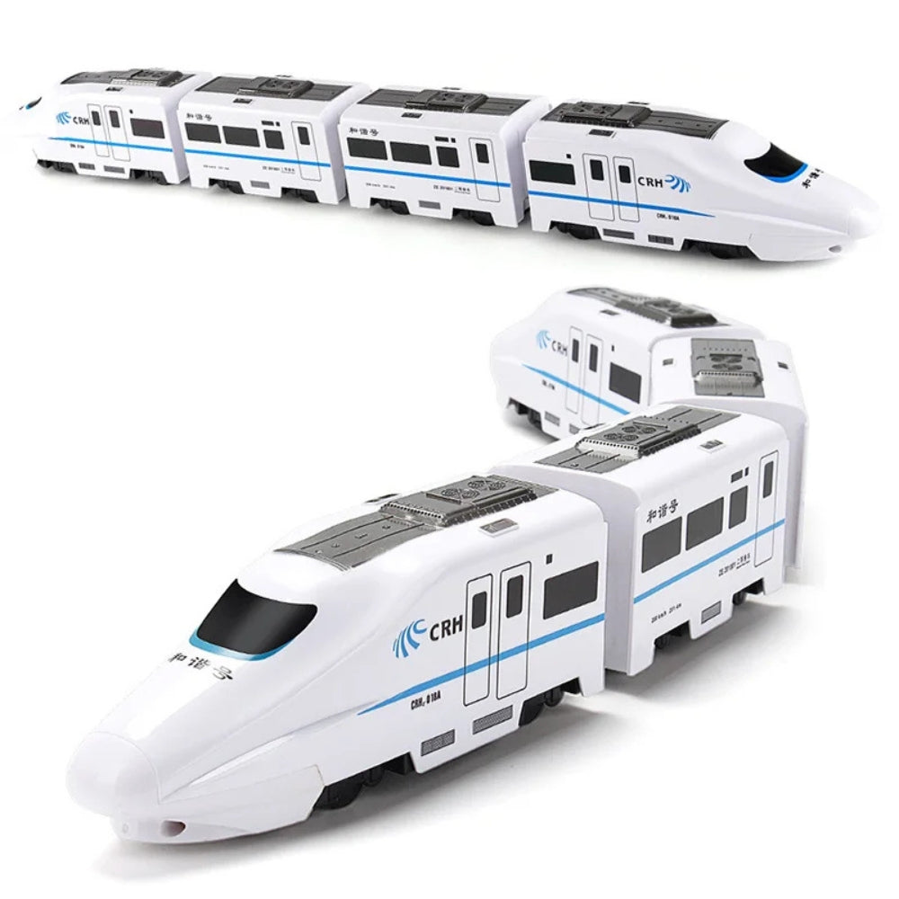 Train jouet interactif sur une surface en bois avec lumières allumées