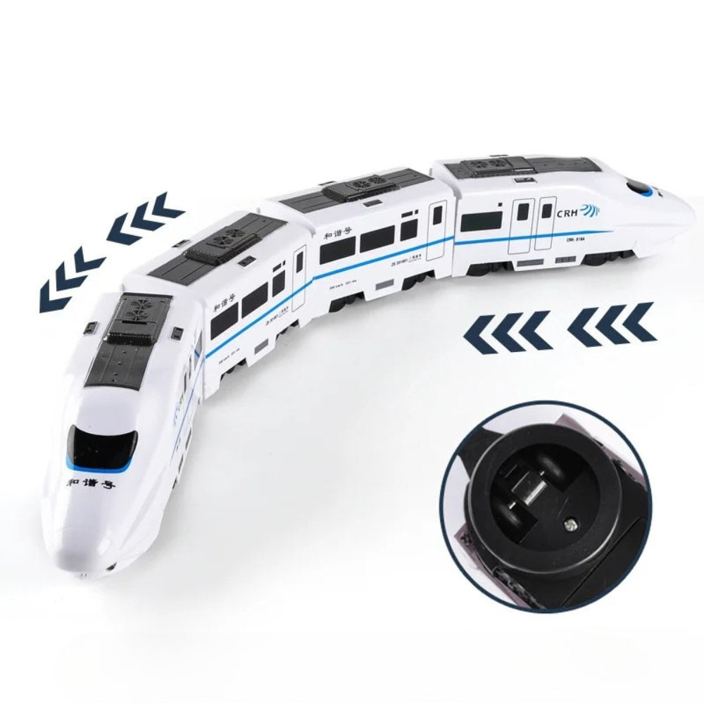 Vue latérale du train jouet avec lumières clignotantes et signaux