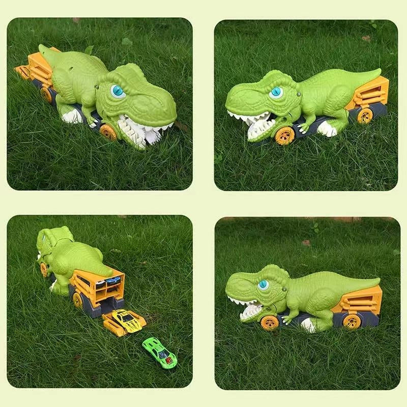 Camion dinosaure avec tête sculptée et roues visibles