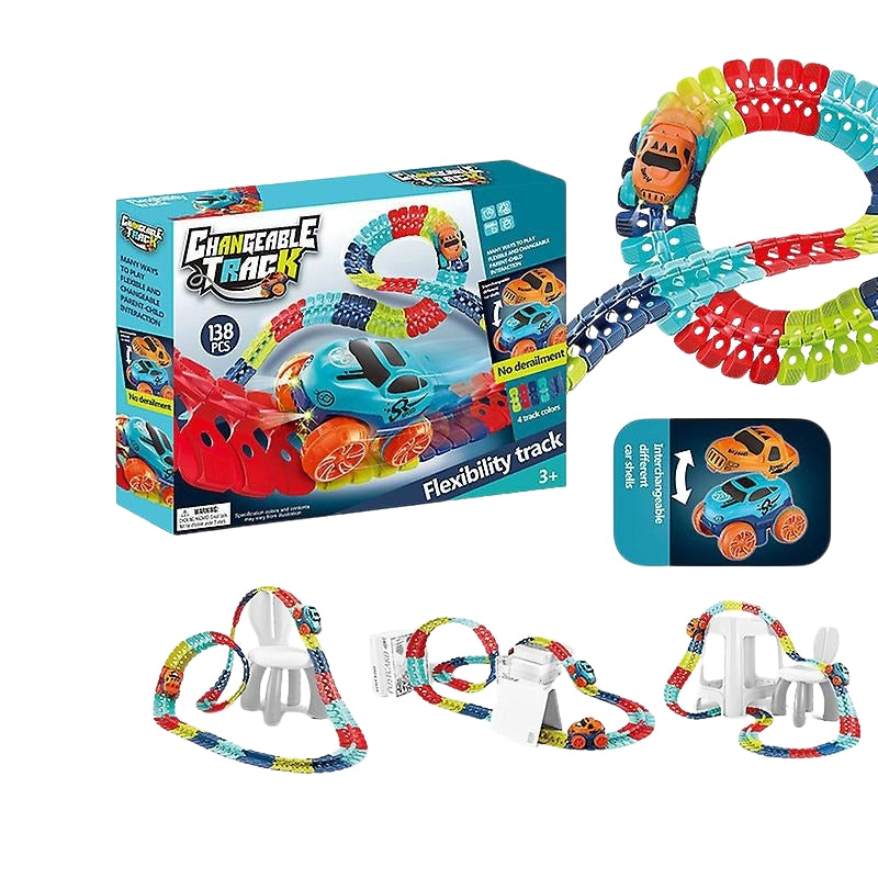 Enfant assemblant un circuit de course flexible coloré