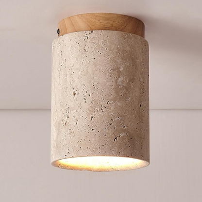 Éclairage LED sous une lampe en travertin et bois