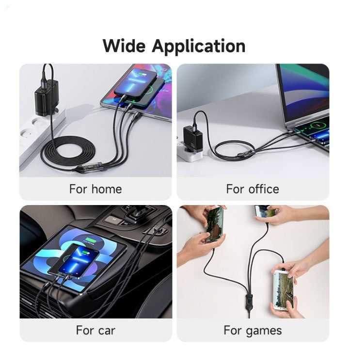 Câble de chargement rapide avec connecteurs Type-C, Lightning et Micro USB