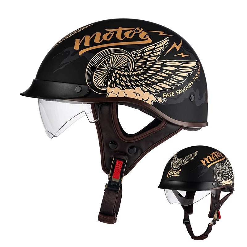 Casque avec visière abaissée pour protection solaire