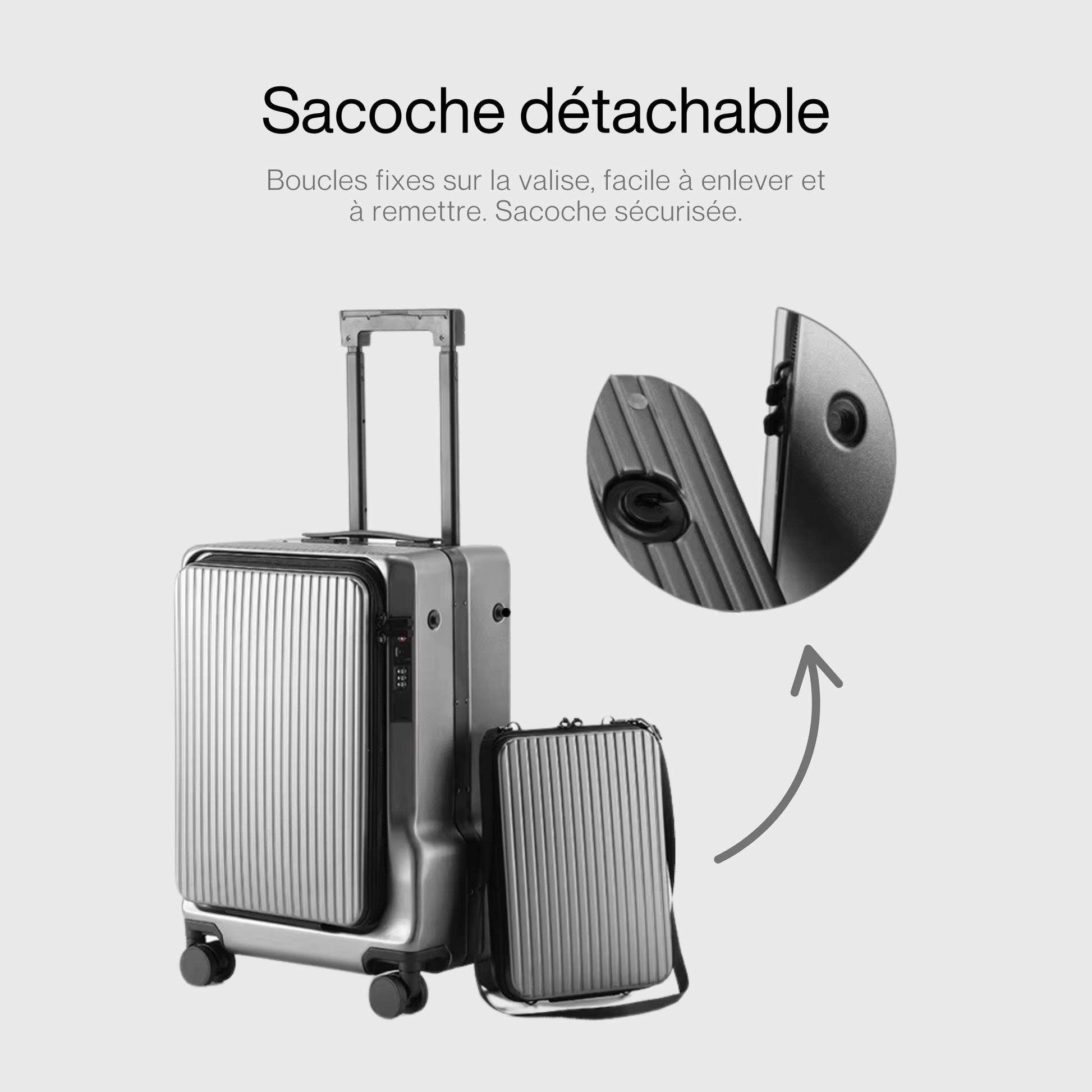 Vue latérale de la valise avec porte gobelet intégré