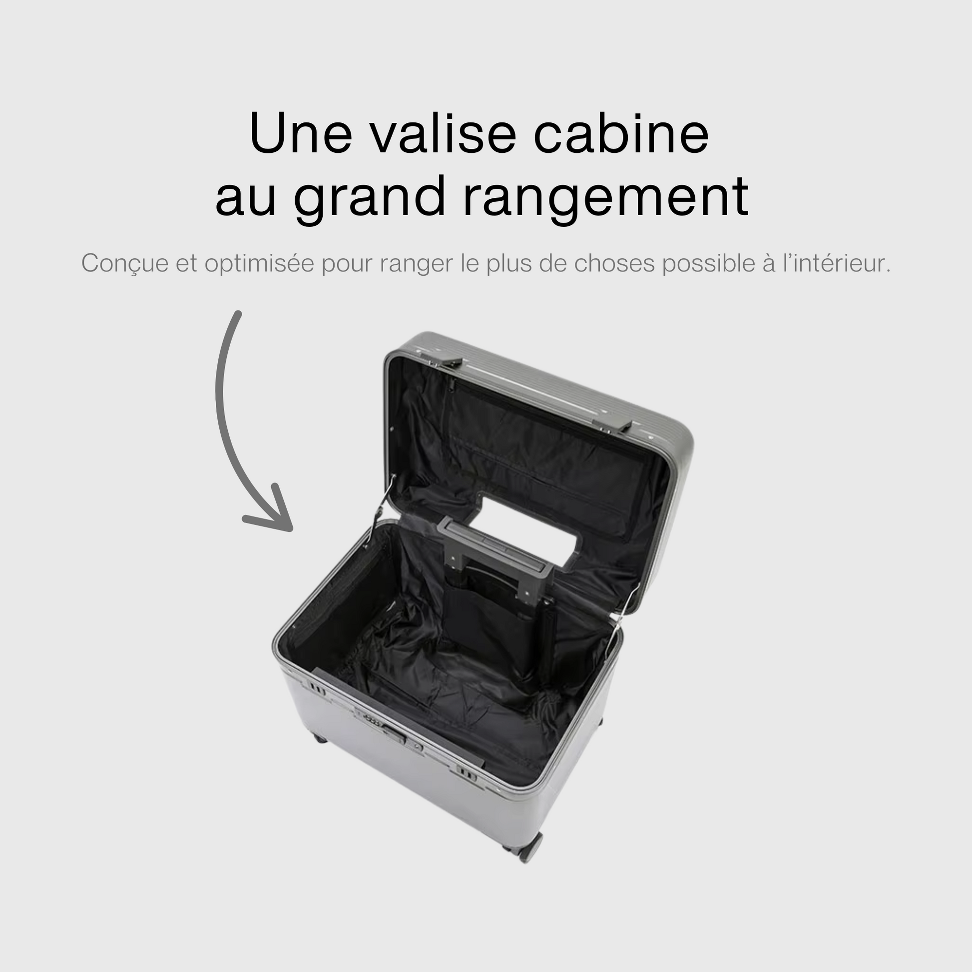 Valise ouverte montrant compartiments en polyester et maille