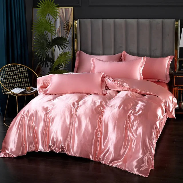 Ensemble de literie en satin de soie sur un lit élégant