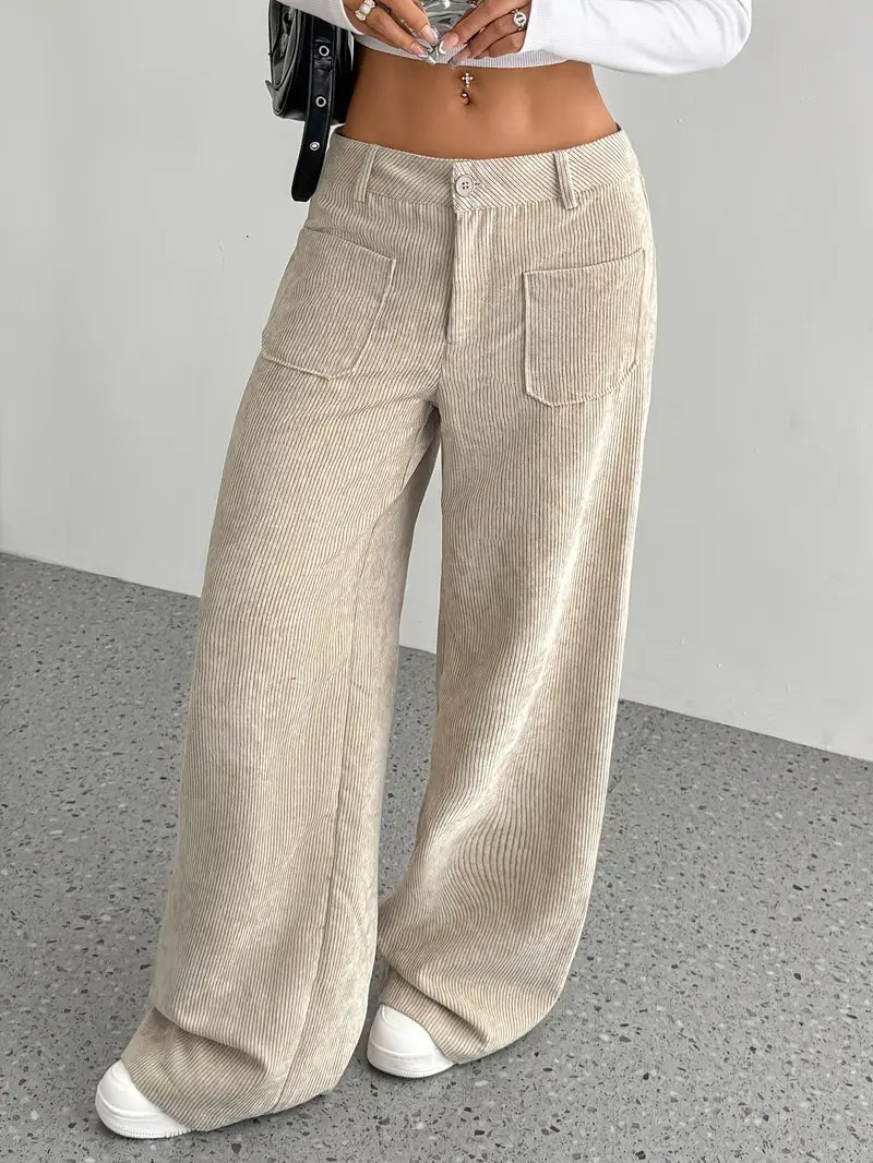 Pantalon taille haute avec poches, en velours côtelé