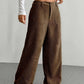 Détail de la couture sur pantalon large en velours