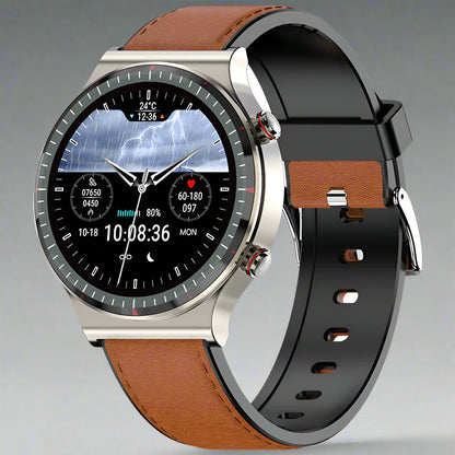 Montre connectée posée sur une table avec écran allumé