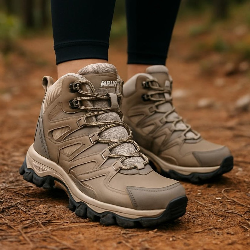 Bottines de randonnée sur fond rocheux, vue de côté