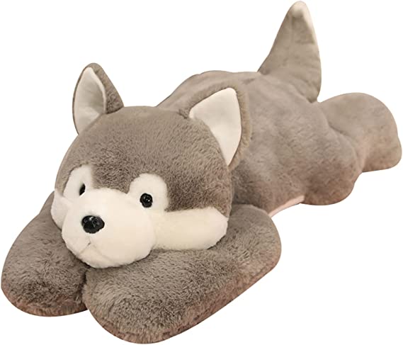 Jouet loup en peluche lesté sur fond blanc