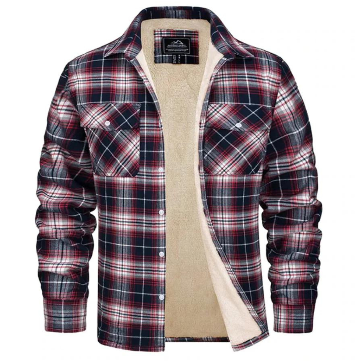 Vue de profil du manteau à carreaux, poches visibles