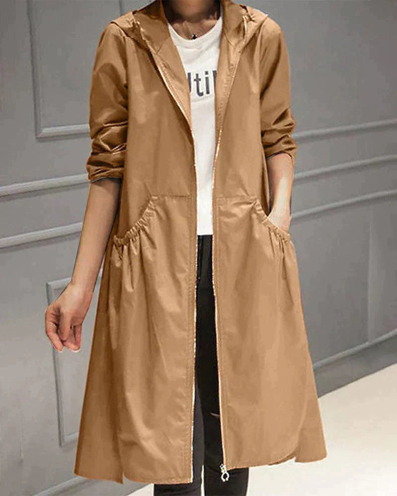 Vue de profil du manteau imperméable longueur genou