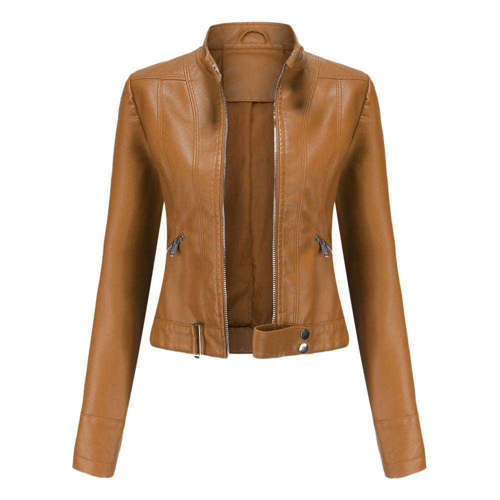 Veste en cuir PU avec col montant et ceinture visible