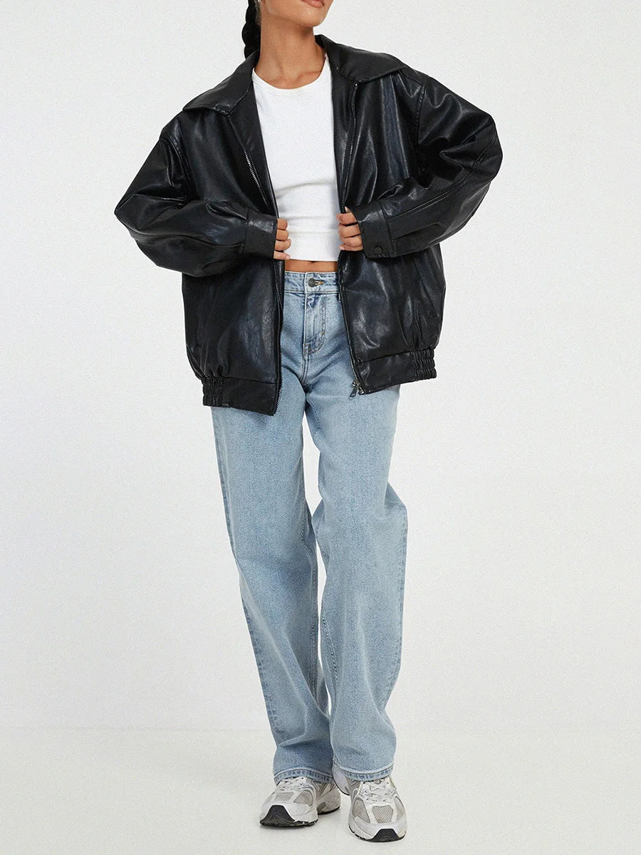 Veste oversize en cuir PU avec fermeture éclair visible