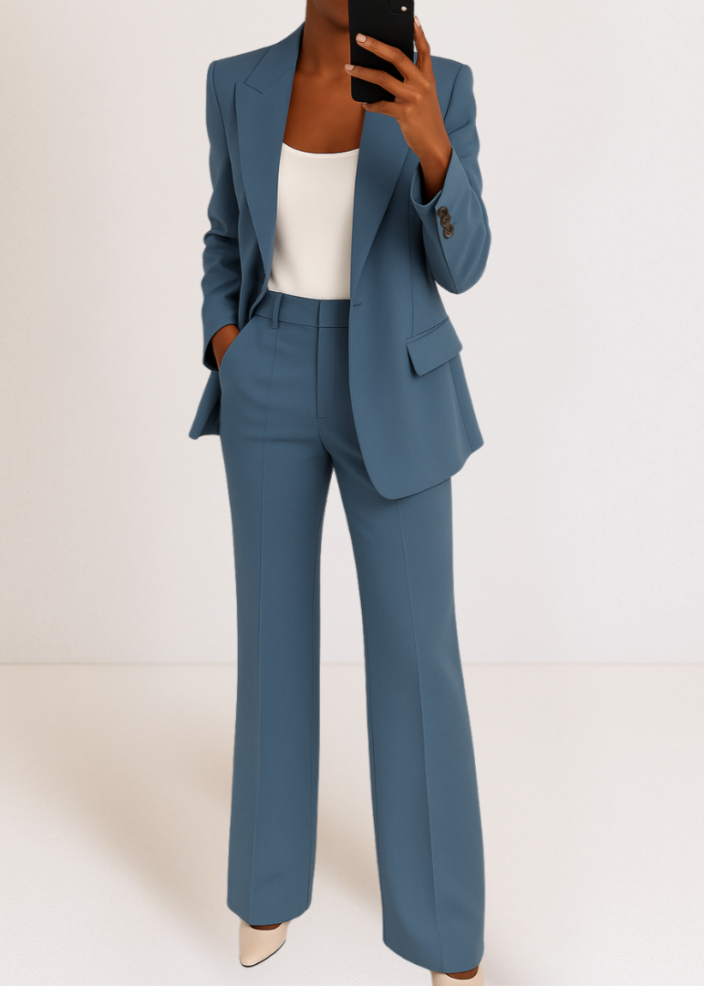 Ensemble tailleur femme avec blazer cintré et pantalon droit