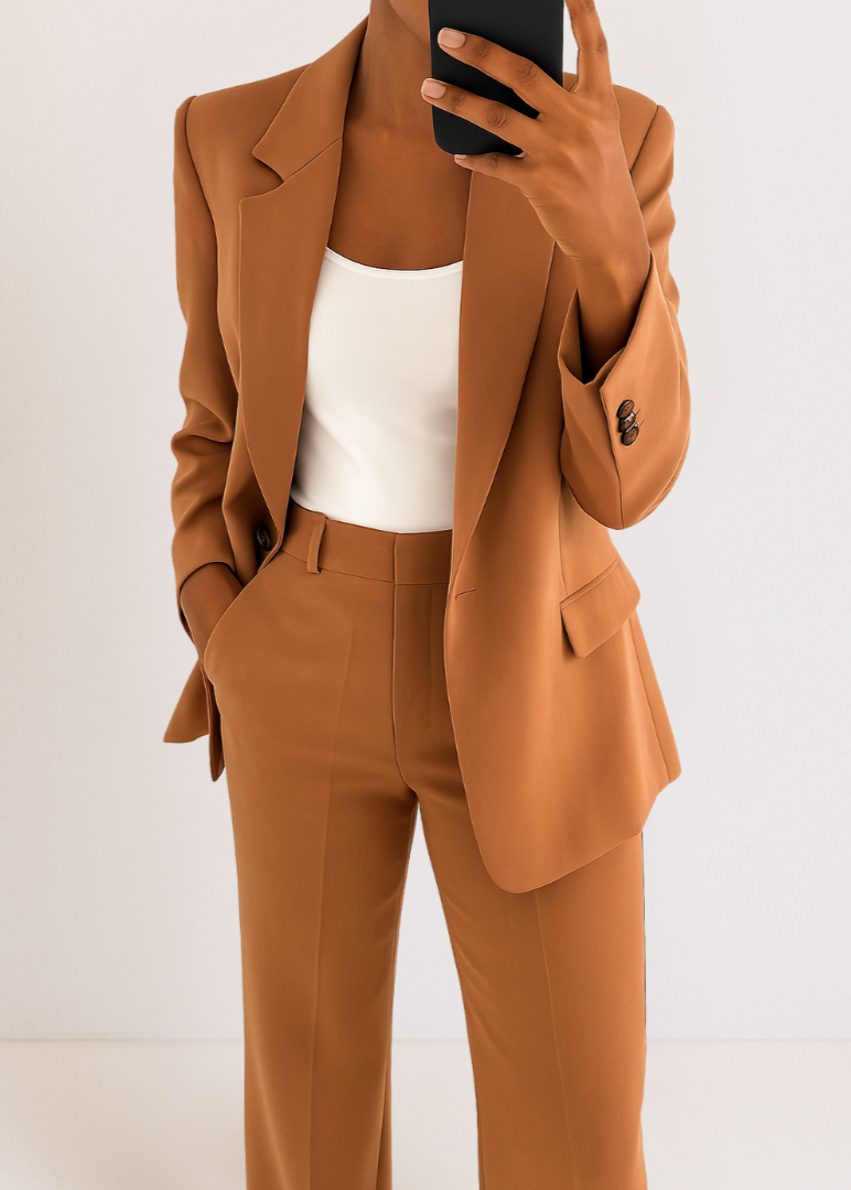 Blazer cintré porté, accent sur les détails de couture