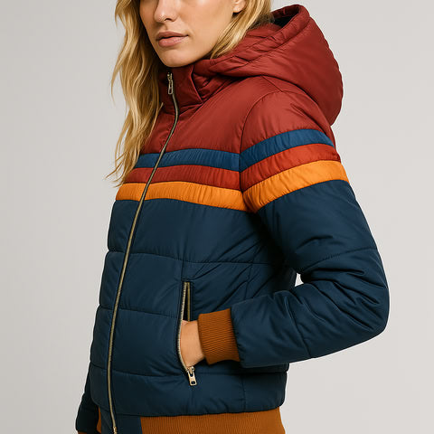 Veste d'hiver colorblock montrée de dos avec capuche