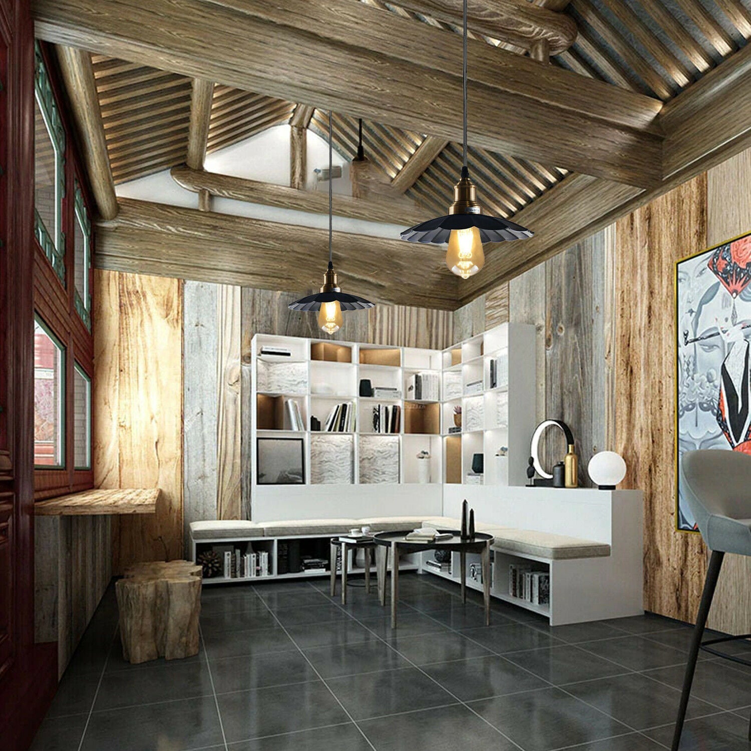 Lampe suspendue dans une chambre, créant une atmosphère accueillante