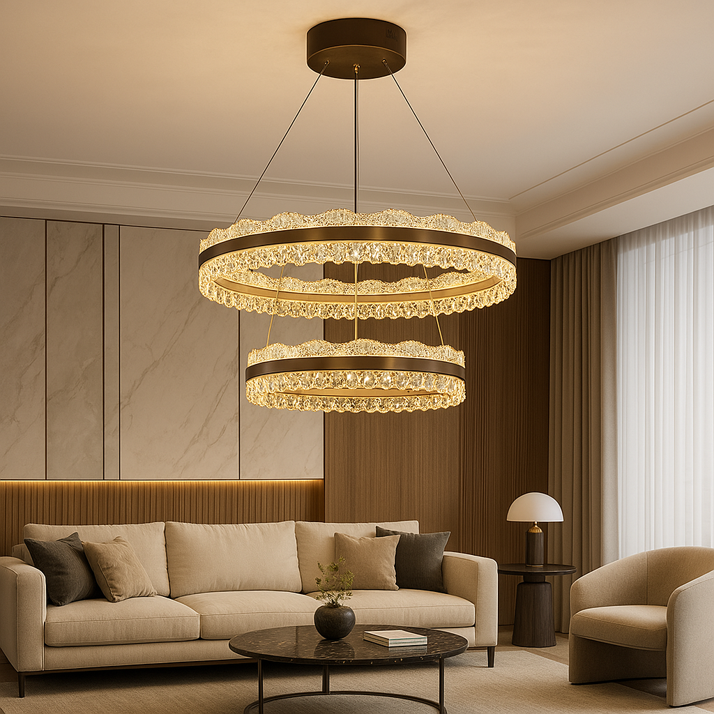 Vue d'ensemble du lustre dimmable, design moderne et élégant