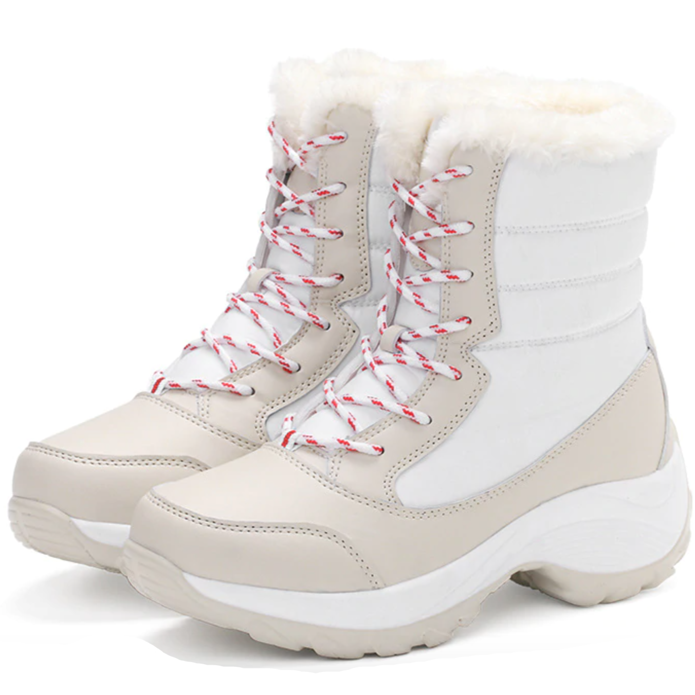 Bottes de neige marron sur fond blanc, semelle épaisse