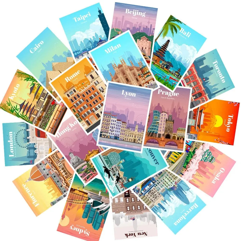 Collection de stickers de voyage en PVC sur fond blanc