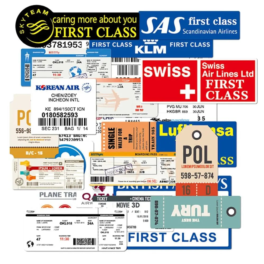 Autocollants de voyage sur fond blanc, inspirés des cartes d'embarquement
