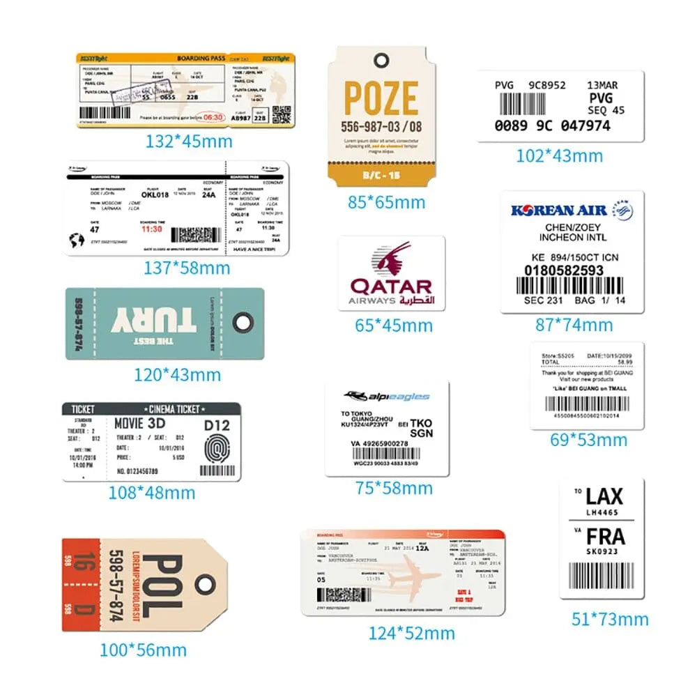 Vue d'ensemble de plusieurs autocollants de voyage, tailles variées
