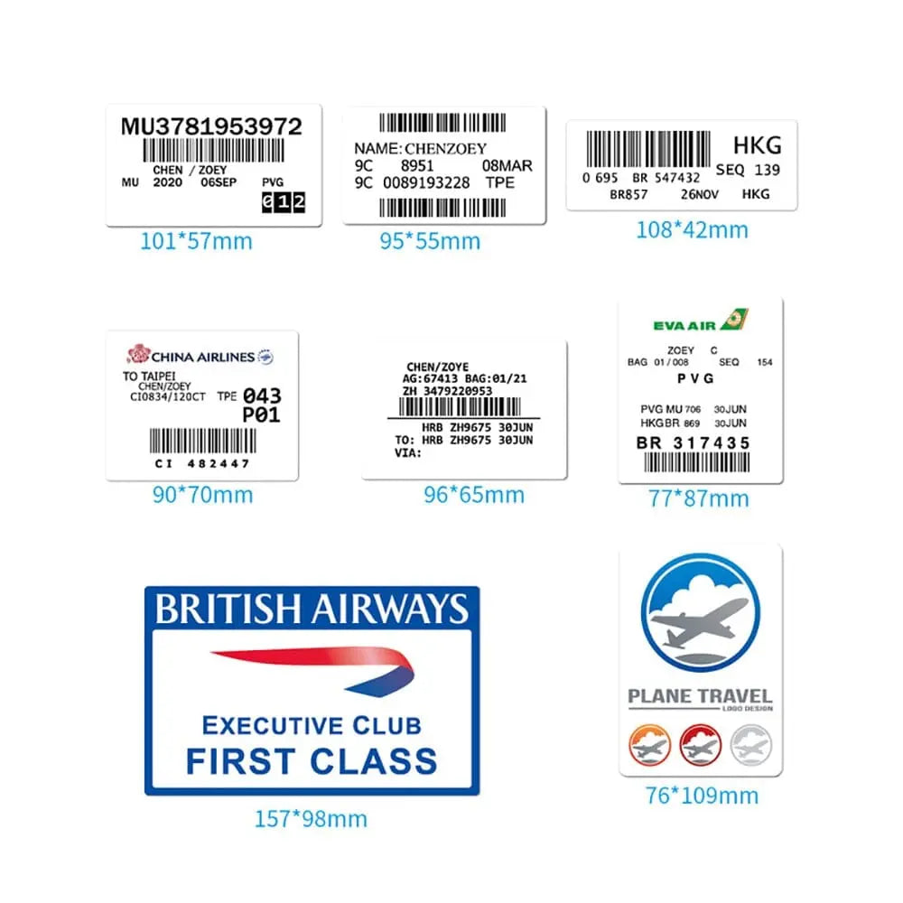 Gros plan sur des stickers de voyage colorés, style carte d'embarquement