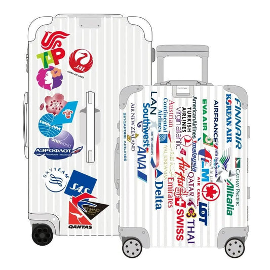 Gros plan sur des stickers de compagnies aériennes variées