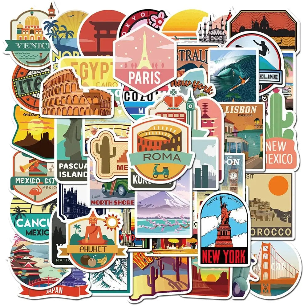 Ensemble de stickers voyage colorés sur fond blanc