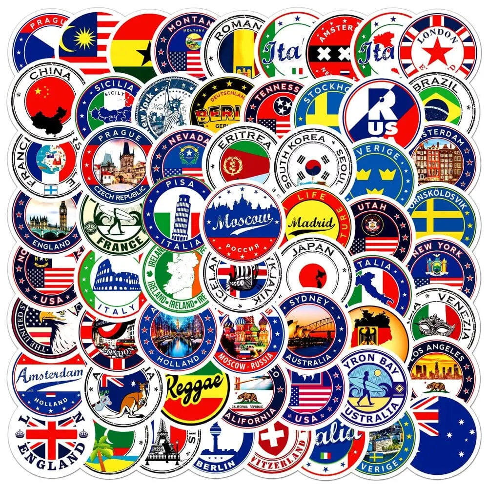 Collection de stickers voyage colorés sur fond blanc