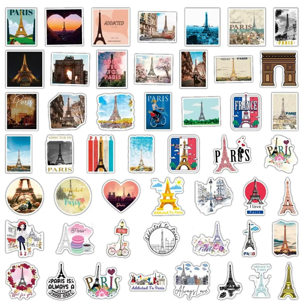 Gros plan sur des stickers représentant des monuments parisiens